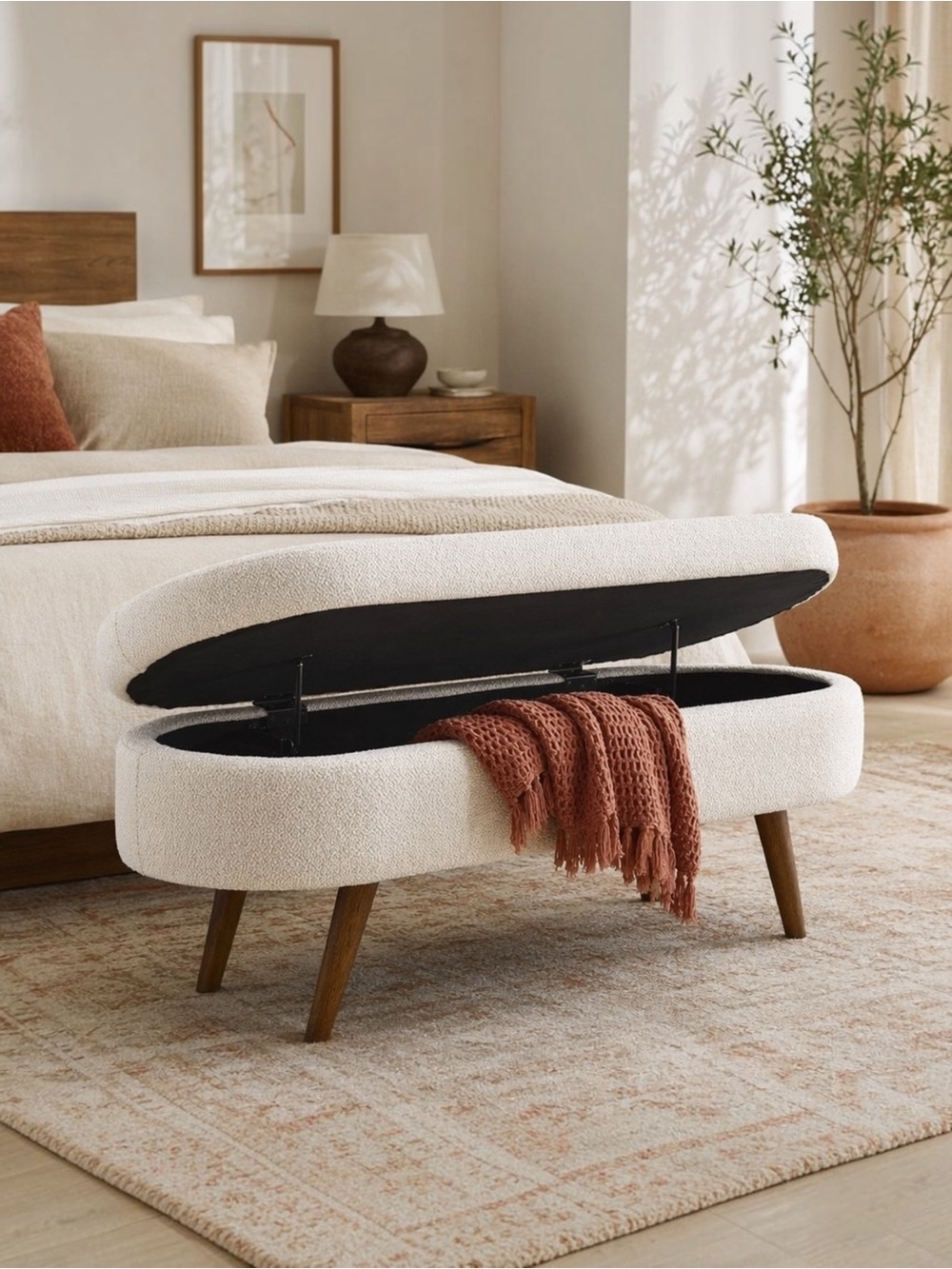 NEW West Elm White Boucle Fabric Storage Ottoman Mid-century Modern Furniture